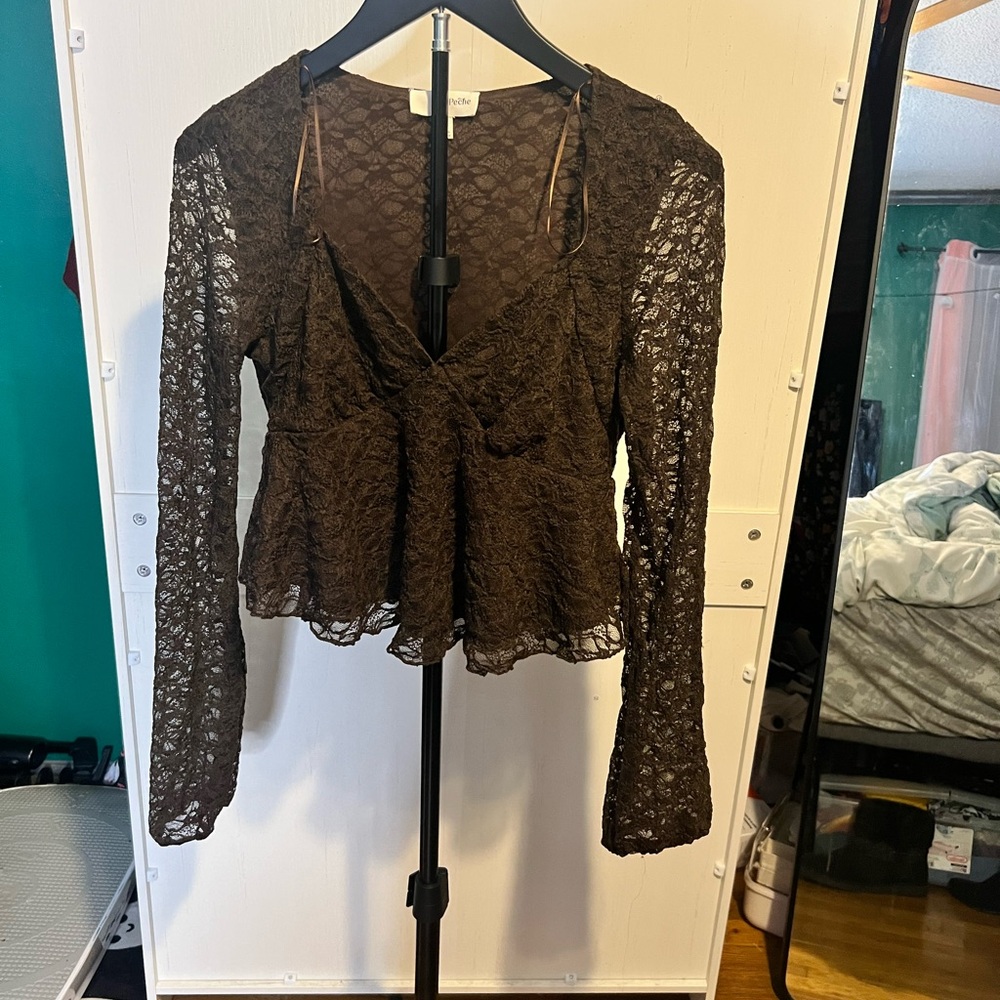 🔴Elegant Brown Lace Long Sleeve Blouse